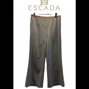 Escada Wool Tweed Leather Trim Wide Leg Pants